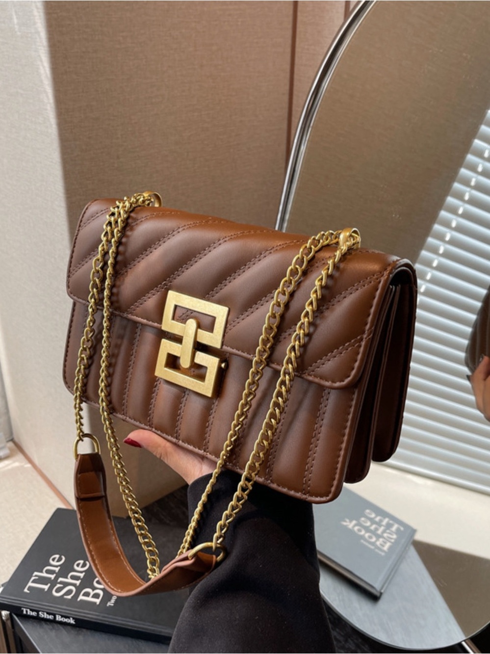 🧡 Tan Quilted Shoulder Bag with Gold Chain and Statement Logo 🧡